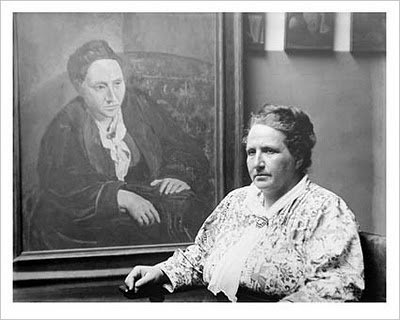 Gertrude Stein. Stein portrait by P icasso. Photo: Man Ray.